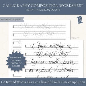 May include: A calligraphy composition worksheet featuring an Emily Dickinson quote. The white paper has black horizontal guide lines and black cursive lettering. A dark blue star-shaped badge states: Printable PDF + Procreate practice file included.