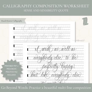 May include: A calligraphy composition worksheet featuring the Sense and Sensibility quote. The document includes lined practice sheets with hand-drawn script text, a printable PDF and Procreate practice file badge, and a scroll icon graphic.