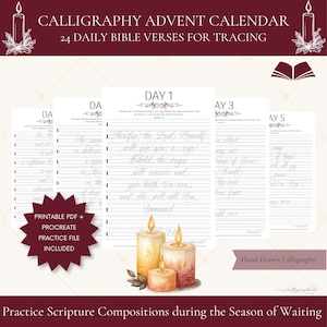 May include: A calligraphy advent calendar featuring 24 daily Bible verses for tracing. The set includes printable PDF and Procreate practice files. The design displays white pages with lined text, candle illustrations, and the text CALLIGRAPHY ADVENT CALENDAR.