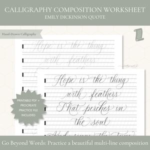 Puede incluir: Una hoja de trabajo de caligrafía con la cita de Emily Dickinson Hope is the thing with feathers that perches in the soul. El documento incluye líneas de práctica, un archivo PDF imprimible y un archivo de práctica para Procreate.