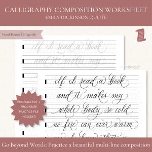 May include: A calligraphy composition worksheet featuring an Emily Dickinson quote. The document includes practice lines with the text: If I read a book and it makes my whole body so cold no fire can ever warm me, I know that is poetry.