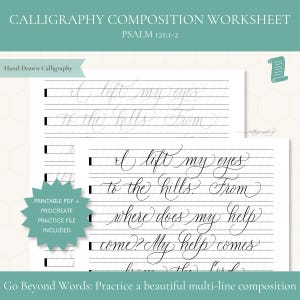 May include: A calligraphy composition worksheet featuring Psalm 121:1-2 in elegant script. The white paper includes black horizontal guidelines and practice text. A teal starburst graphic states Printable PDF + Procreate practice file included.