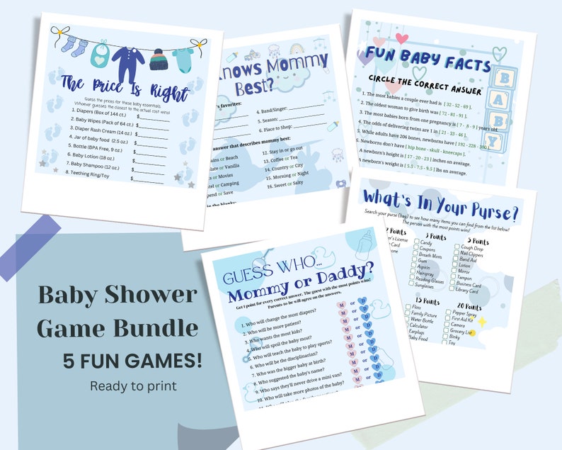 Blue Theme Baby Shower Games Bundle Boy Theme Baby Shower Games It's A