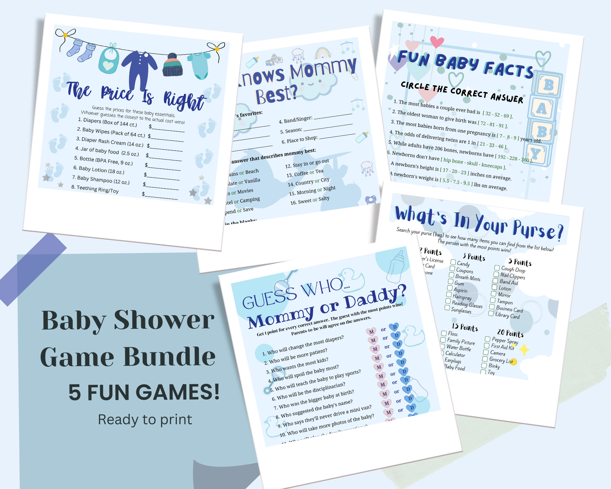 Blue Theme Baby Shower Games Bundle Boy Theme Baby Shower Games It's A ...