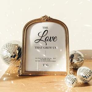 Puede incluir: Un cartel con marco dorado con el texto "THE Love THAT GREW US" y las palabras "ALL THAT WE ARE AND ALL THAT WE HOPE TO BE, WE OWE TO OUR LOVING FAMILY" y "TG" debajo. El cartel está sobre una superficie de madera con bolas de discoteca plateadas en el fondo.
