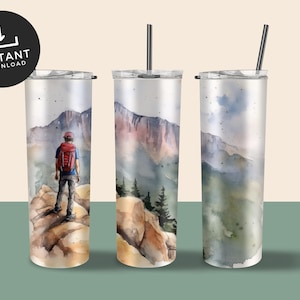 Hiking Tumbler Wrap | Mountain Hiking 20 oz Tumbler Sublimation Design | PNG Tumbler Sublimation | 20 oz Skinny Tumbler Sublimation Design