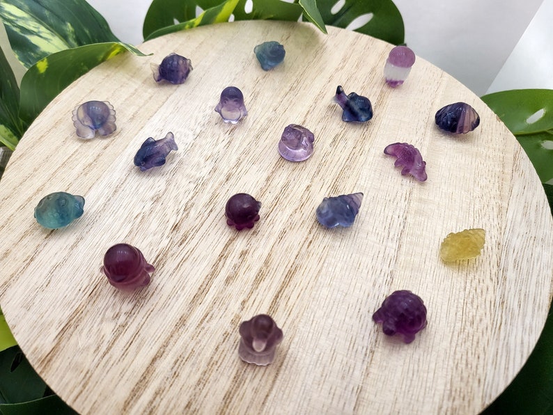 May include: A collection of small, colorful fluorite animal figurines, including fish, penguins, and elephants, are arranged on a light wooden surface. The figurines display shades of purple, blue, and yellow. The arrangement is set against a backdrop of green foliage.