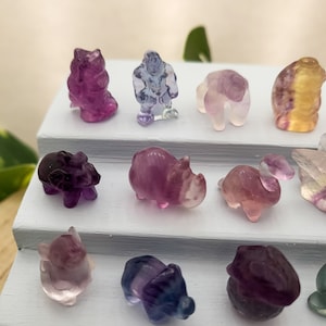 以下が含まれることがあります： カラフルな彫刻が施された小さな蛍石の動物の置物のコレクション。置物は白い段になったディスプレイスタンドに並べられています。置物には、ブタ、サイ、ヒツジ、クマ、鳥、猫が含まれています。