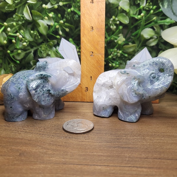 Moss Agate Druzy Elephant Crystal Carvings