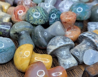 May include: A collection of polished stone mushroom figurines in various colors and patterns, including green, blue, gray, brown, and yellow.