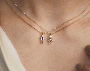 Personalized Family Birthstone Necklace: Gold Boy & Girl Charms, New Mom Gift