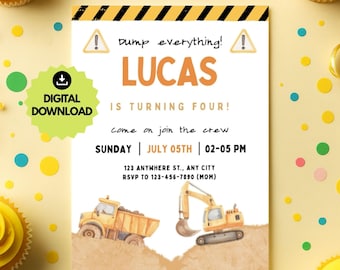 May include: A digital download invitation with a construction theme. The invitation features a yellow and black border, the name "LUCAS", and the text "IS TURNING FOUR!" along with construction vehicles.