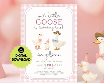Editable Goose Birthday Invitation, Silly Goose Girls 2nd Birthday Party Invite, Pink Gingham Digital Template, Printable Kids Invite