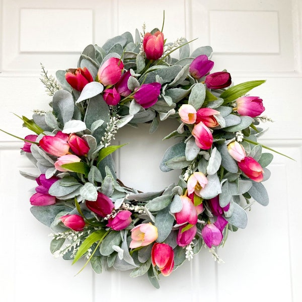 Lamb's Ear and Tulips Spring Wreath, Pink and Mauve Tulip Variety Wreath for Front Door, Purple and Fuchsia Colored Wreath