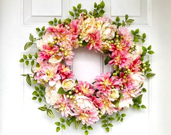 Spring and Summer Pink Wreath for Front Door, Stylish Cottage Wreath, Peony and Dahlia Ready to Ship Wreath