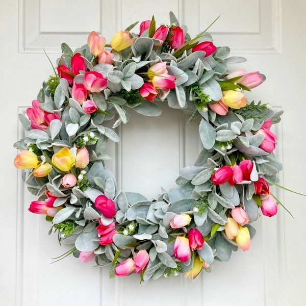 Lamb's Ear and Tulips Spring Wreath, Pink Tulip Variety Wreath