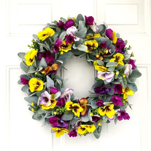 Spring Pansy Lamb's Ear Wreath, Yellow and Purple Pansy Wreath for Front Door