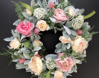 Spring and Summer Lamb's Ear Wreath, Cottage Rose Wreath for Front Door, Pink Floral Wreath