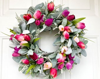 Lamb's Ear and Tulips Spring Wreath, Pink and Mauve Tulip Variety Wreath for Front Door, Purple and Fuchsia Colored Wreath