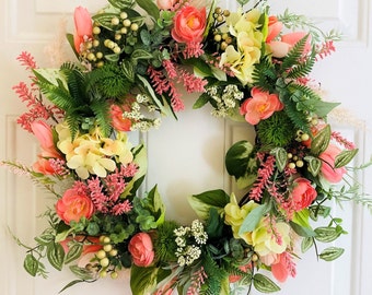 Spring Wreath with Tulips, Pink/Peach Colored Wreath, Front Door Pastel Floral Wreath