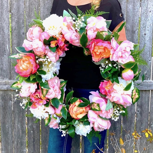 Large Spring and Summer 26" Floral Wreath for Front Door, Pink and White Peony Wreath