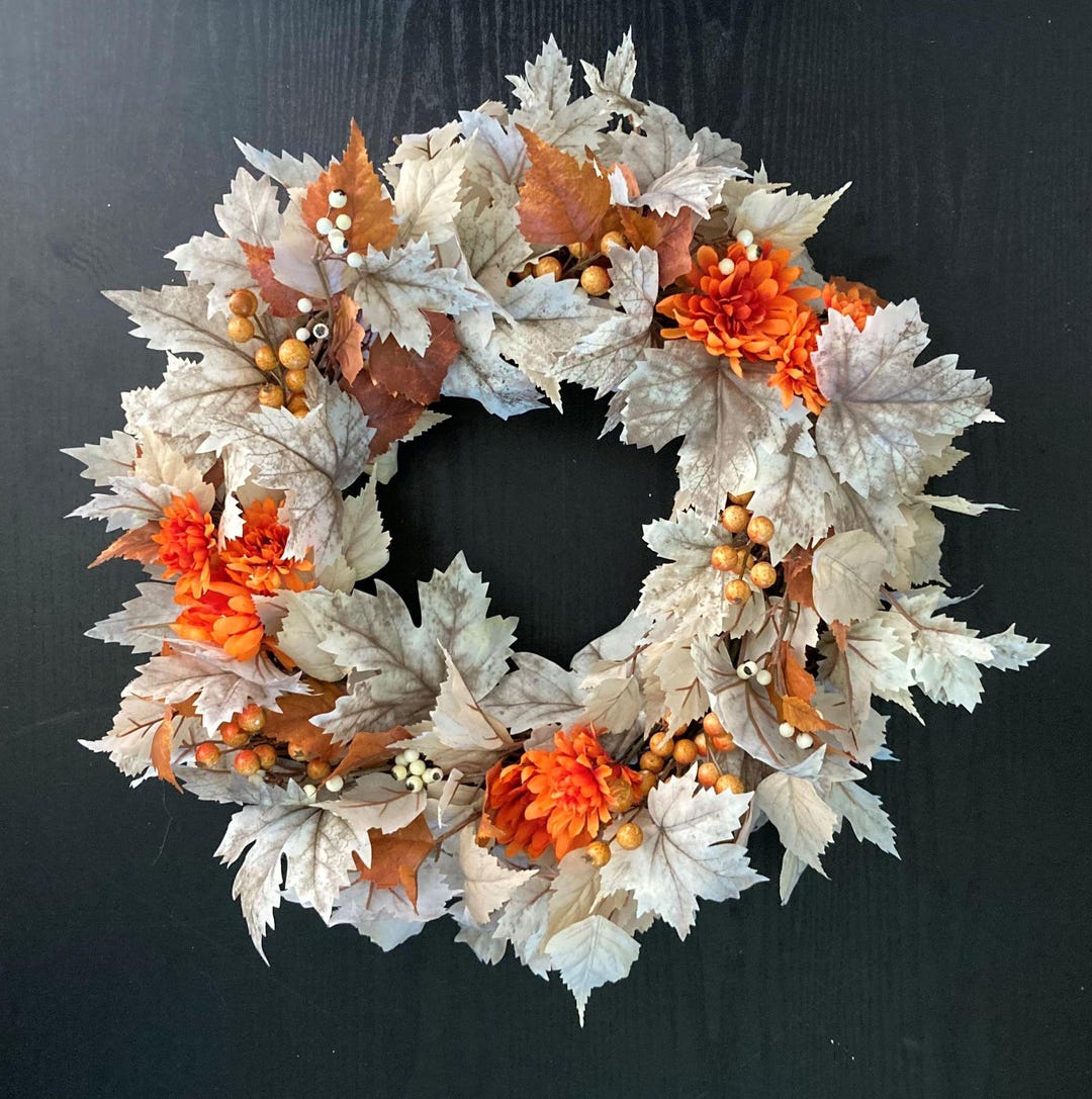 Fall Maple Leaf Wreath for Front Door, Orange Mums and Berries Wreath ...