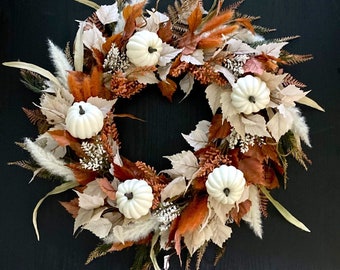 Rusty Brown and Cream Wreath with White Pumpkins for Front Door, Autumn Faux Wreath with Fall Leaves and Berries