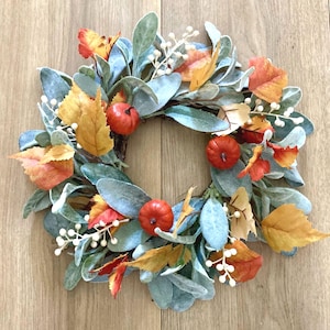 Fall Lambs Ear Mini Wreath, Fall Leaves Candle Ring, Orange Pumpkin Autumn Decor, Small Fall Wreath