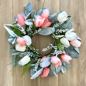 Small Lamb's Ear and Tulips Spring Mini Wreath, Peach and Cream Tulip Candle Ring, Mother's Day Gift