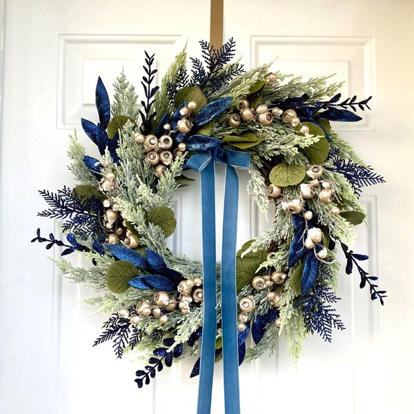 Navy Blue Holiday Wreath, Hanukkah Wreath with Bow, Elegant Wreath for Front Door