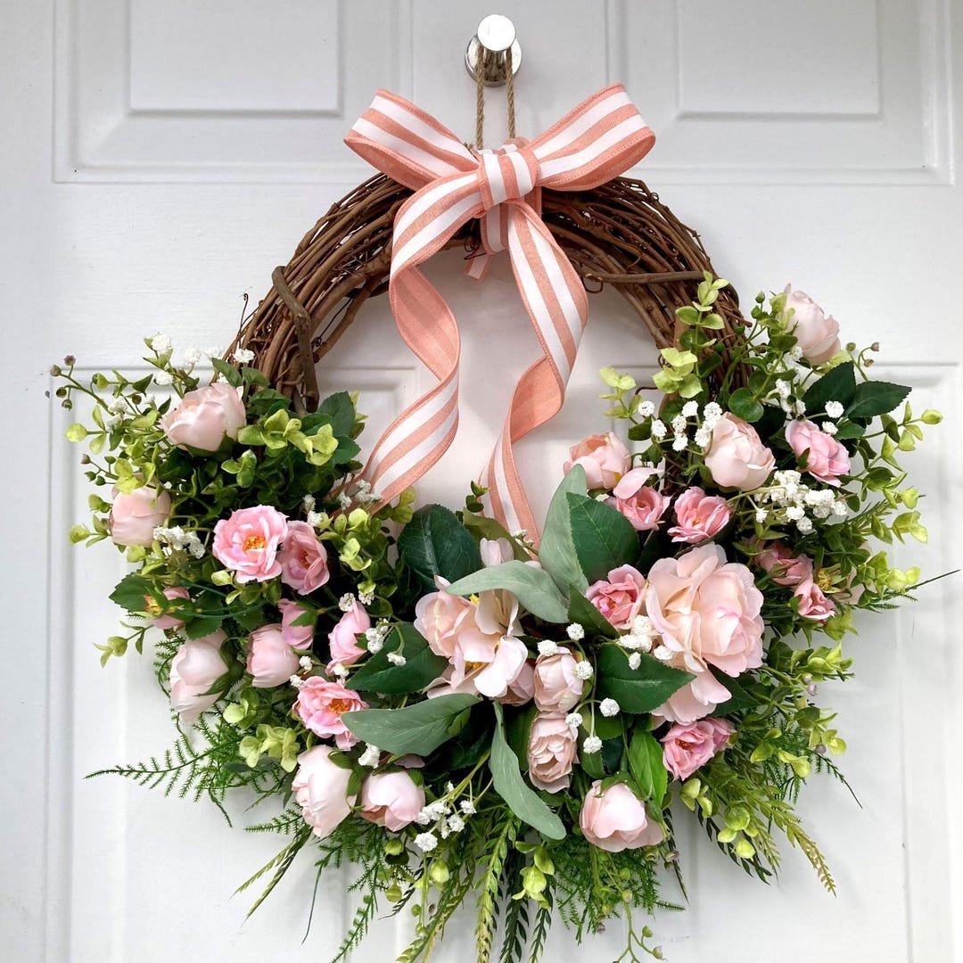 Spring and Summer Pink Roses Wreath, Blush Pink/peach Wreath for Front ...