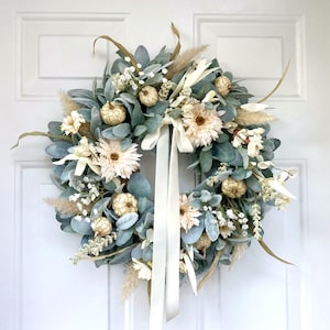 Fall Lamb's Ear Wreath for Front Door, Neutral Cream Autumn Floral Wreath with Ivory Pumpkins