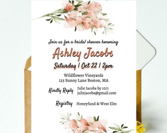 Könnte beinhalten: Eine weiße Einladung zu einer Brautparty mit floralem Design. Die Einladung lautet "Join us for a bridal shower honoring Ashley Jacobs Saturday | Oct 22 | 2pm Wildflower Vineyards 123 Sunny Lane Boston, MA Kindly Reply juliejacobs@gmail.com Registry Honeyfund & West Elm"