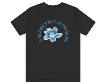 Uniseks 'Don't feel blue'-jersey T-shirt met korte mouw, trendy, schattig, minimalistisch T-shirt dat een goede en positieve sfeer verspreidt. Druipende smiley.