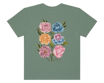 Comfortabel gekleurd vintage T-shirt met bloemen voor haar, ontspannen, trendy, stijlvol, leuk en schattig cadeau voor haar. Vrolijke vibes.