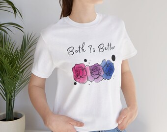 Leuk op Bisexual Pride geïnspireerd T-shirt met korte mouwen, chic en modern bloemendessin van de Bisexual Flag. 'Beide is beter' Bi Pride in de LGBT+
