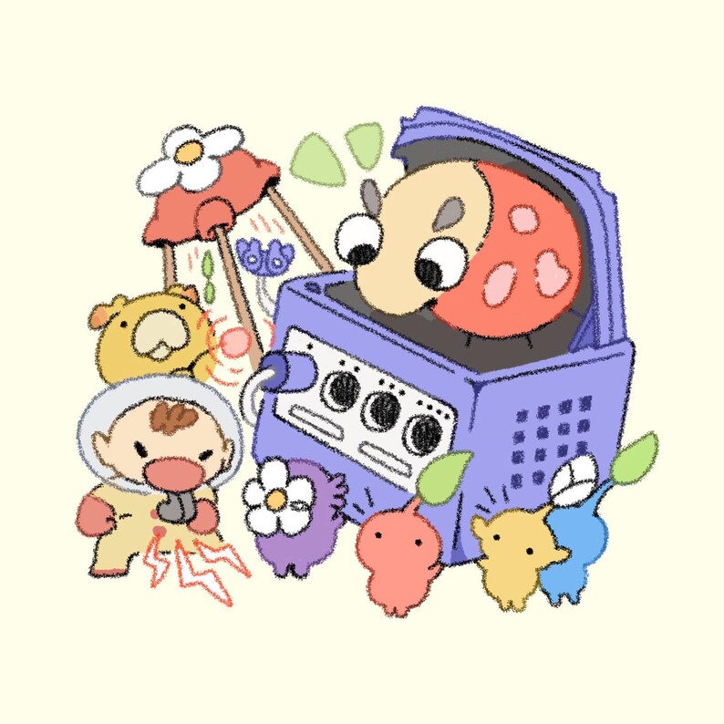 May include: A purple GameCube console with a ladybug character peeking out of the top.  The console is surrounded by various characters from the game, including a pink, a yellow, and a blue character.  There is also a white flower and a red and white character with a flower on its head.