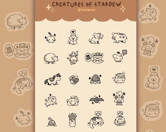 May include: A sticker sheet titled Creatures of Stardew by @omzbear featuring a grid of twenty small, dark brown line art illustrations of various animals and creatures on a cream background with a scalloped brown header at the top.