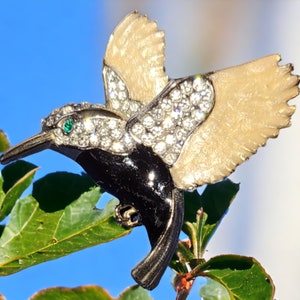 Hummingbird Enamel and Rhinestone Brooch Vintage