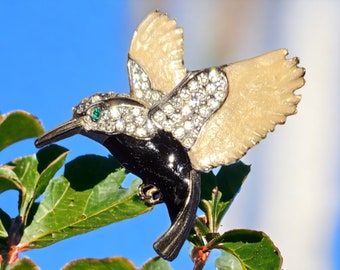 Hummingbird Enamel and Rhinestone Brooch Vintage