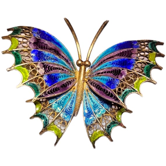 Antique German filigree enamelled butterfly brooc… - image 2