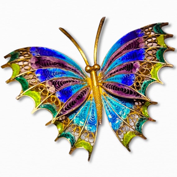 Antique German filigree enamelled butterfly brooc… - image 1