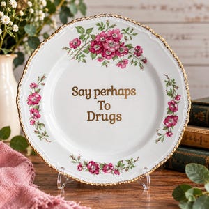 May include: A white ceramic plate with a scalloped, gold-trimmed edge, decorated with pink rose floral patterns. The centre of the plate features the gold-coloured text "Say perhaps To Drugs" printed in a clear, sans-serif font style.
