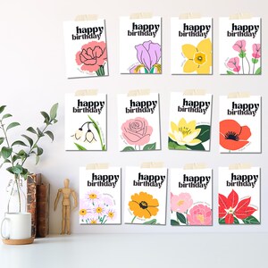 Carte imprimable fleur de mois d'anniversaire en téléchargement numérique, carte de voeux vierge à l'intérieur, carte de joyeux anniversaire avec enveloppe, couleurs vives et minimalistes