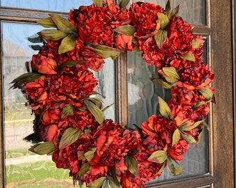 Fall peony wreath for front door, rust autumn wreath, thanksgiving wreath for fall, front door decor, peony farmhouse wreath for harvest