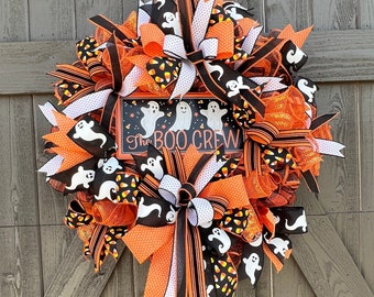 Cute ghost and candy corn Halloween wreath for front door, black and orange falloween decor, boo ghost autumn mesh wreath with ribbon