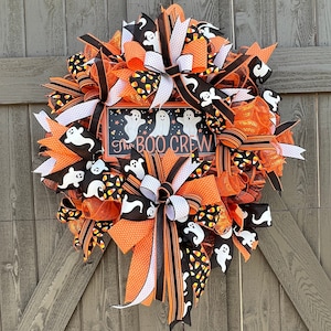Cute ghost and candy corn Halloween wreath for front door, black and orange falloween decor, boo ghost autumn mesh wreath with ribbon