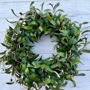 May include: A green olive branch wreath with brown olives. The wreath is made of natural materials and is perfect for adding a touch of nature to your home decor.