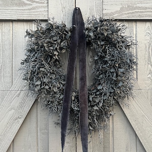 Black Halloween Wreath for Front Door, Gothic Cascading Wreath with Frayed Velvet Ribbon, Mystigoth Decor, Spooky Elegant Fall Door Decor