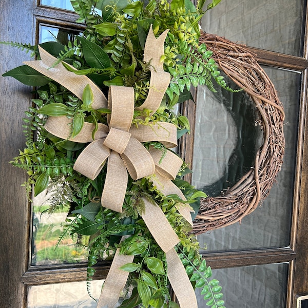 Everyday greenery wreath with burlap bow, year round faux greenery wreaths, front door decor with neutral bow that is interchangeable